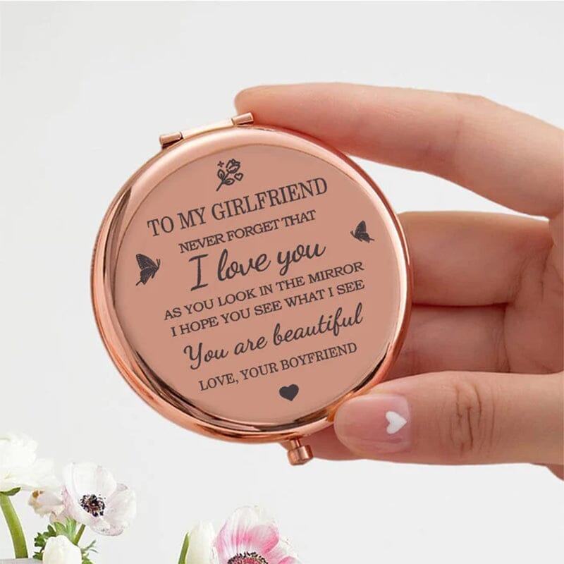 Dame Guld "I Love You" Lommespejl, kompakt og stilfuldt sentimentalt gave til håndtasken.