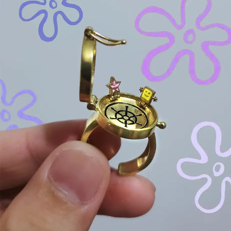 Guld justerbar SpongeBob BFF Spinner ring, roterende design, dame ring, venskabsring, metallisk glans.