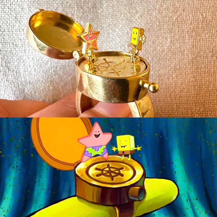 Guld justerbar SpongeBob BFF Spinner ring, roterende design, dame ring, venskabsring, metallisk glans.