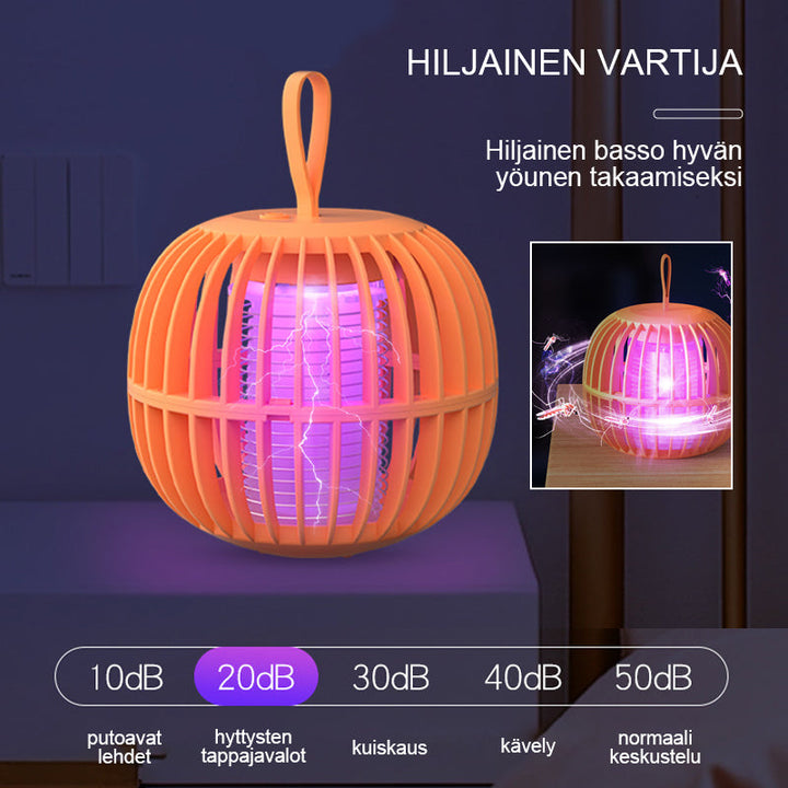 "Kurpitsan muotoinen äänetön 2 in 1 hyönteisloukkuvalo violeteilla LED-valoilla ja USB-latauksella."