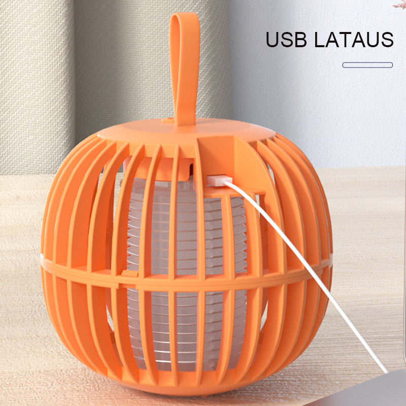 "Kurpitsan muotoinen äänetön 2 in 1 hyönteisloukkuvalo violeteilla LED-valoilla ja USB-latauksella."