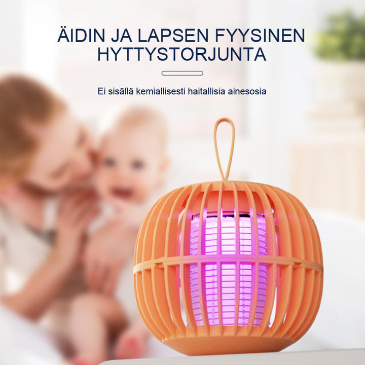 "Kurpitsan muotoinen äänetön 2 in 1 hyönteisloukkuvalo violeteilla LED-valoilla ja USB-latauksella."