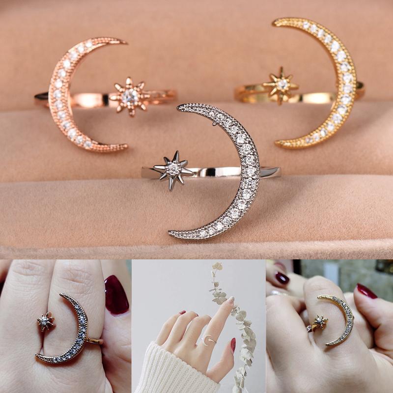 Kvinders Måne & Stjerne ring, halvmåne design med zirkonia dekorationer, tilgængelig i sølv, guld, rosaguld.