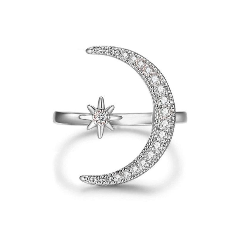 Kvinders Måne & Stjerne ring, halvmåne design med zirkonia dekorationer, tilgængelig i sølv, guld, rosaguld.