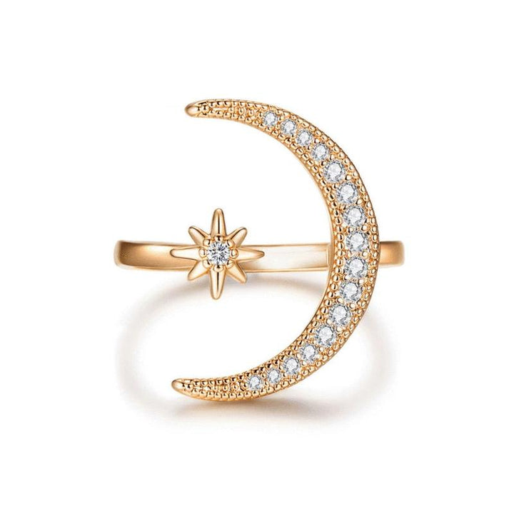 Kvinders Måne & Stjerne ring, halvmåne design med zirkonia dekorationer, tilgængelig i sølv, guld, rosaguld.