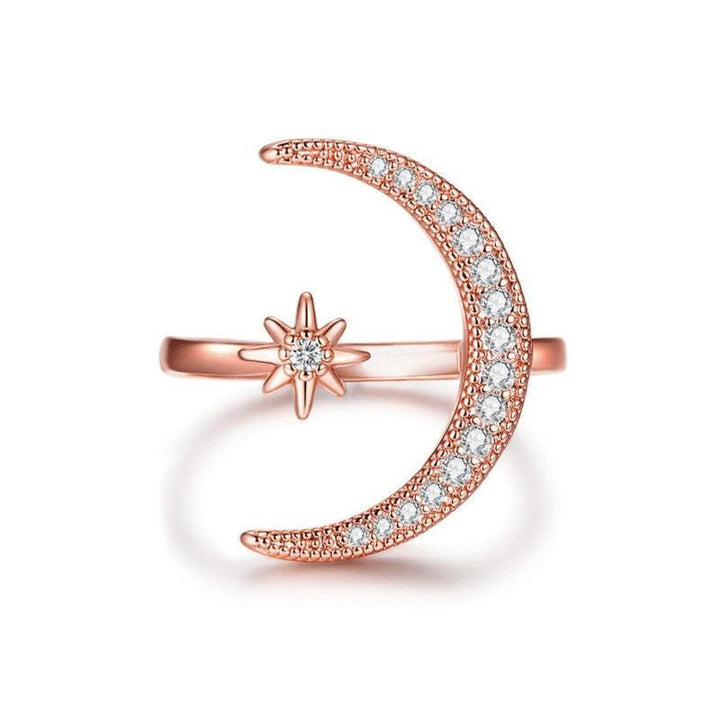 Kvinders Måne & Stjerne ring, halvmåne design med zirkonia dekorationer, tilgængelig i sølv, guld, rosaguld.