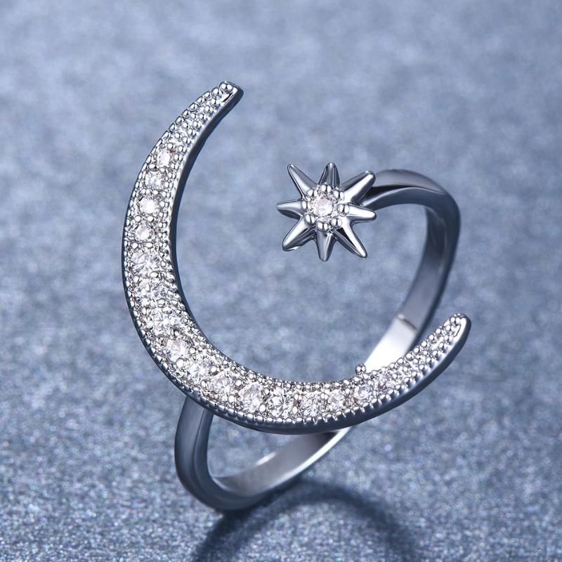 Kvinders Måne & Stjerne ring, halvmåne design med zirkonia dekorationer, tilgængelig i sølv, guld, rosaguld.