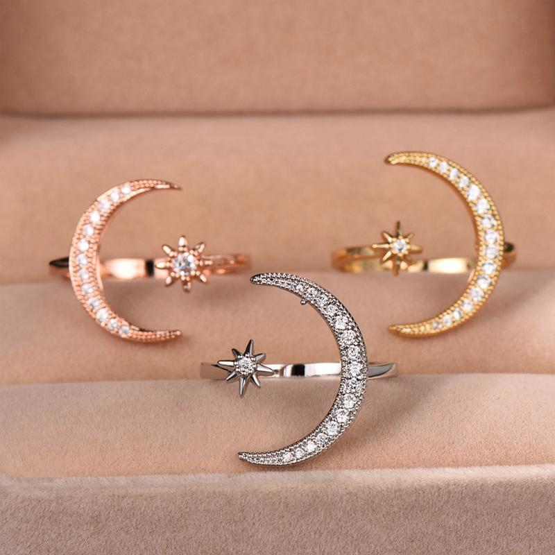 Kvinders Måne & Stjerne ring, halvmåne design med zirkonia dekorationer, tilgængelig i sølv, guld, rosaguld.