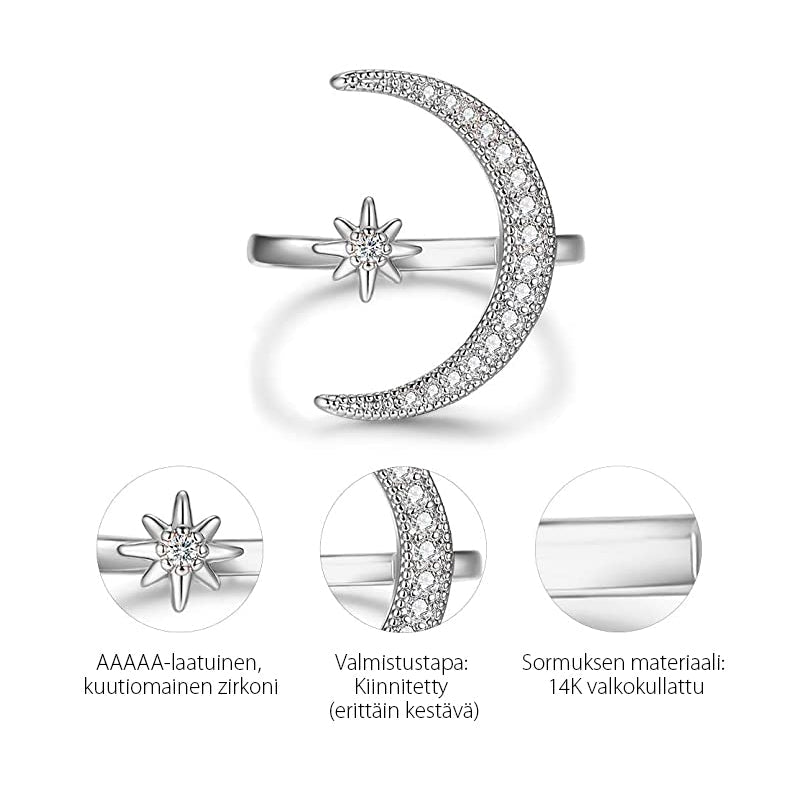Kvinders Måne & Stjerne ring, halvmåne design med zirkonia dekorationer, tilgængelig i sølv, guld, rosaguld.