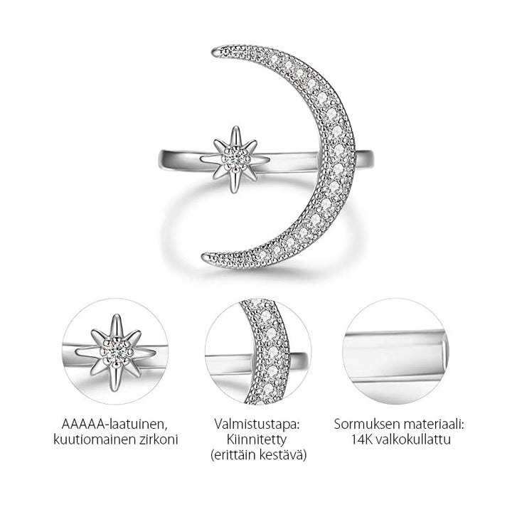 Kvinders Måne & Stjerne ring, halvmåne design med zirkonia dekorationer, tilgængelig i sølv, guld, rosaguld.