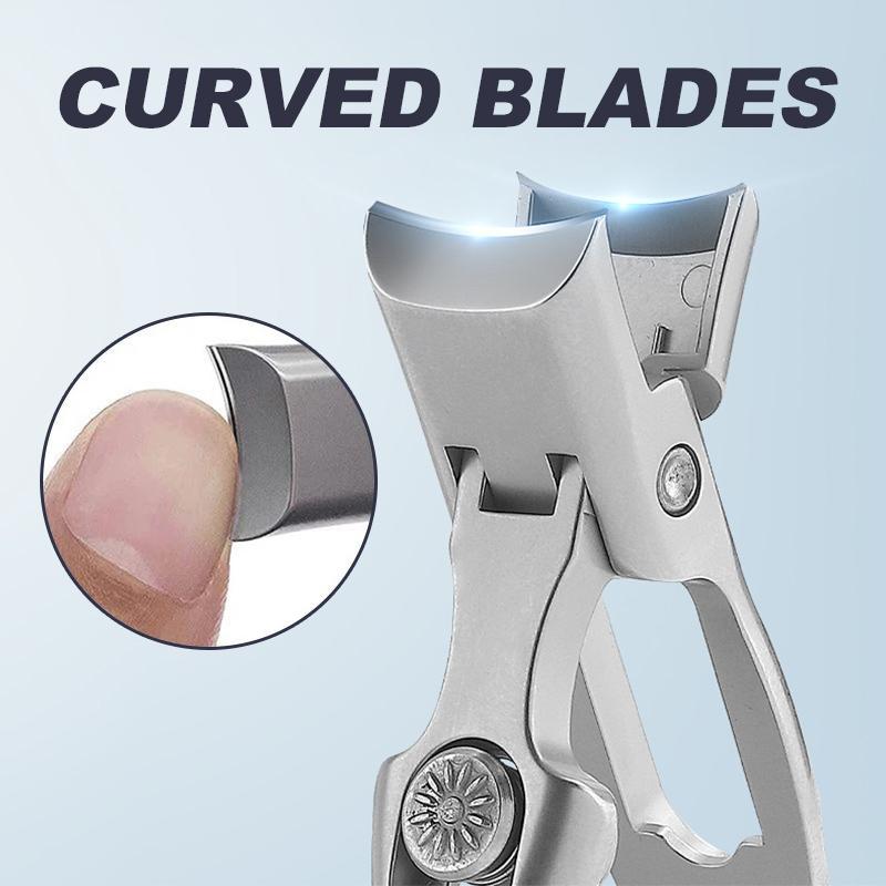 Negleklippere i rustfrit stål, buede ultraspidse blade, sølv og sort, bærbart design.