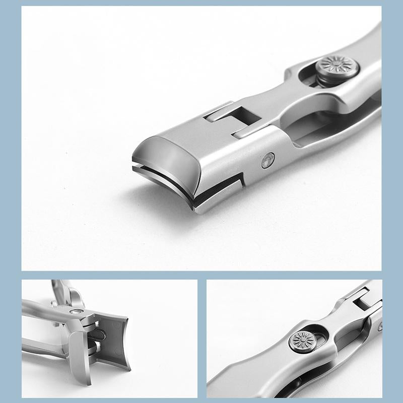 Negleklippere i rustfrit stål, buede ultraspidse blade, sølv og sort, bærbart design.