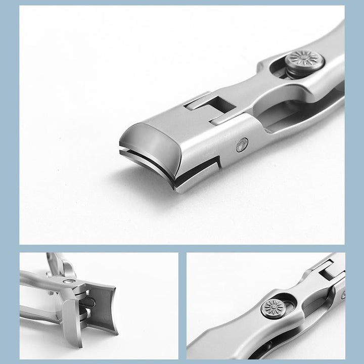 Negleklippere i rustfrit stål, buede ultraspidse blade, sølv og sort, bærbart design.