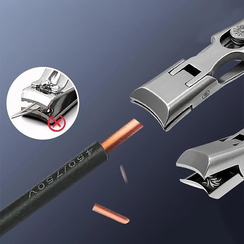 Negleklippere i rustfrit stål, buede ultraspidse blade, sølv og sort, bærbart design.
