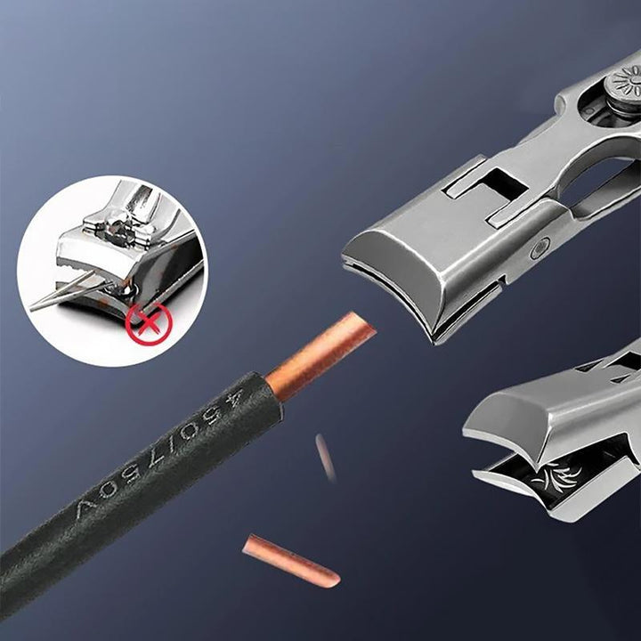 Negleklippere i rustfrit stål, buede ultraspidse blade, sølv og sort, bærbart design.