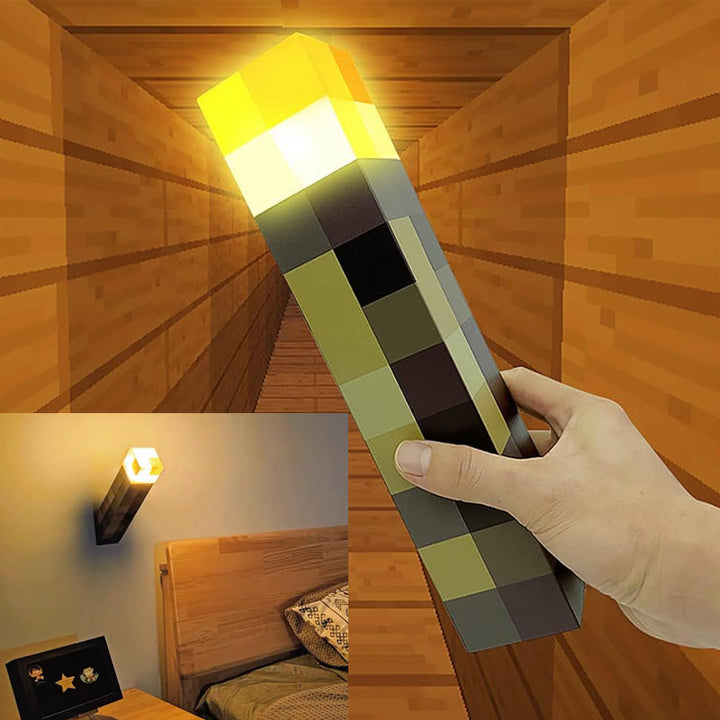 LED Minecraft Torch Lampe med en spilfigur, der holder lampen op og skaber en magisk atmosfære i dit rum.
