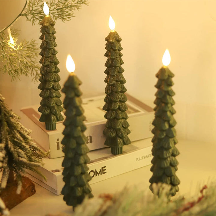 LED juletræskæder med hyggelig flamme, grønne stilke, varm glød, sikker og moderne juledekoration.
