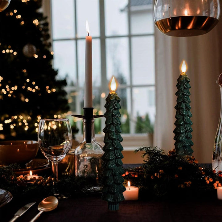 LED juletræskæder med hyggelig flamme, grønne stilke, varm glød, sikker og moderne juledekoration.