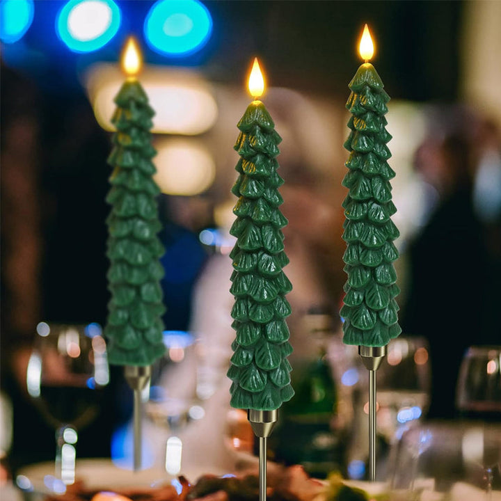 LED juletræskæder med hyggelig flamme, grønne stilke, varm glød, sikker og moderne juledekoration.
