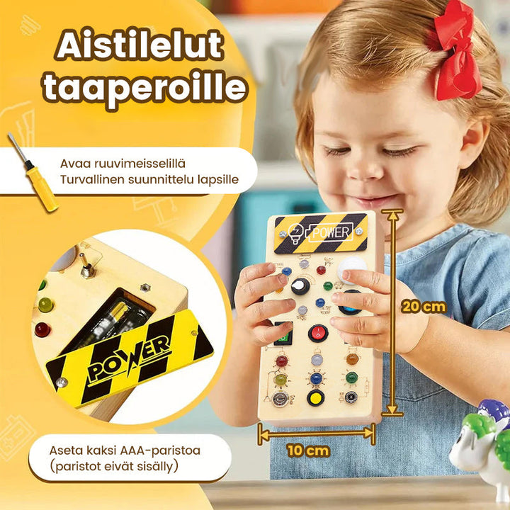 Taaperon LED-puinen aktivointitaulu oppimiseen, värikkäillä LED-valoilla ja kytkimillä.