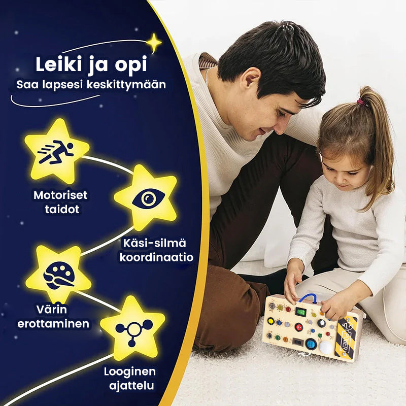 Taaperon LED-puinen aktivointitaulu oppimiseen, värikkäillä LED-valoilla ja kytkimillä.
