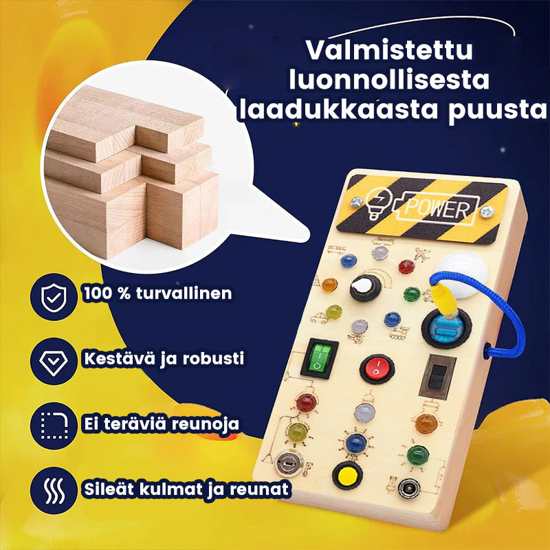 Taaperon LED-puinen aktivointitaulu oppimiseen, värikkäillä LED-valoilla ja kytkimillä.