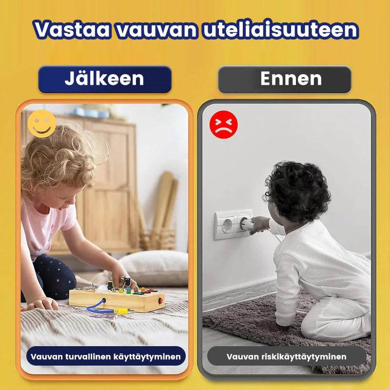Taaperon LED-puinen aktivointitaulu oppimiseen, värikkäillä LED-valoilla ja kytkimillä.