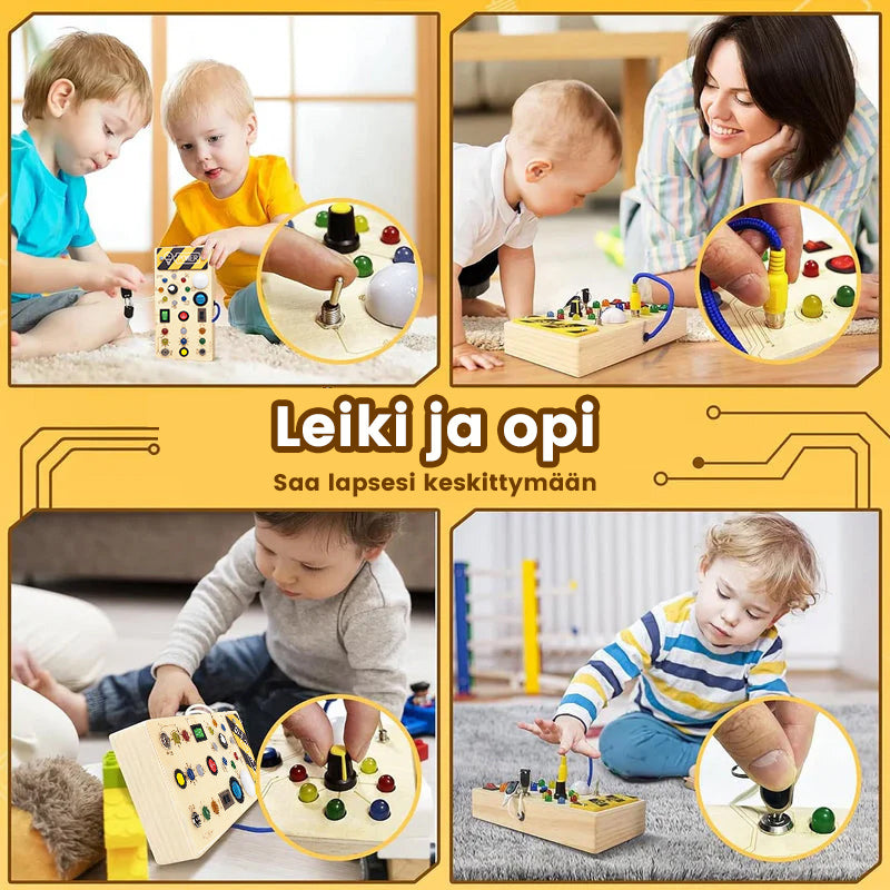 Taaperon LED-puinen aktivointitaulu oppimiseen, värikkäillä LED-valoilla ja kytkimillä.