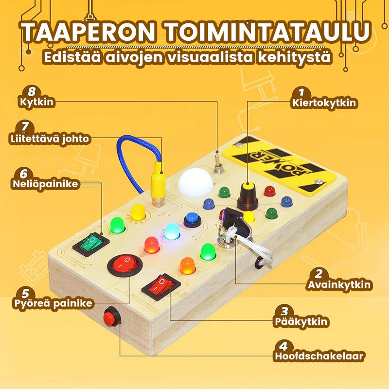 Taaperon LED-puinen aktivointitaulu oppimiseen, värikkäillä LED-valoilla ja kytkimillä.