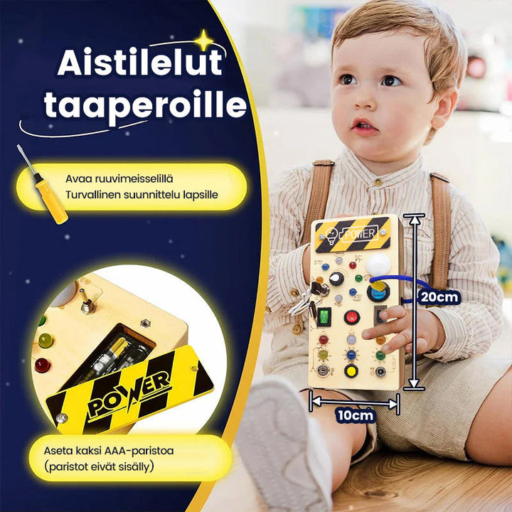 Taaperon LED-puinen aktivointitaulu oppimiseen, värikkäillä LED-valoilla ja kytkimillä.