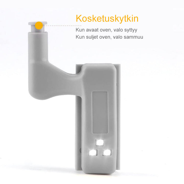 LED skabelys, kompakt design, klart hvidt lys, batteridrevet, nem at installere på skabshængsler.