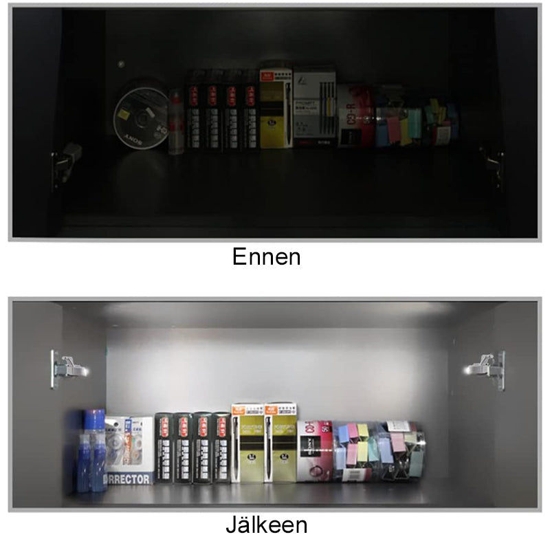 LED skabelys, kompakt design, klart hvidt lys, batteridrevet, nem at installere på skabshængsler.