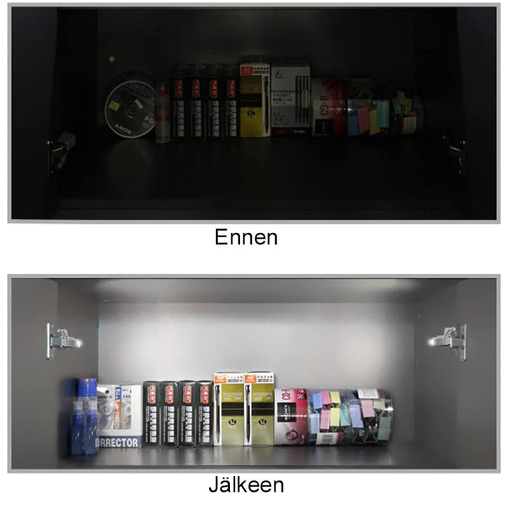 LED skabelys, kompakt design, klart hvidt lys, batteridrevet, nem at installere på skabshængsler.