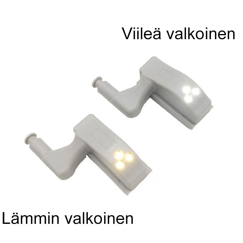LED skabelys, kompakt design, klart hvidt lys, batteridrevet, nem at installere på skabshængsler.