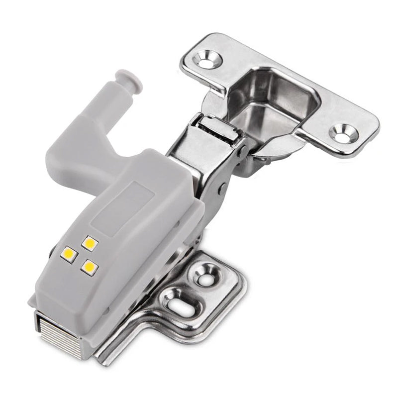LED skabelys, kompakt design, klart hvidt lys, batteridrevet, nem at installere på skabshængsler.