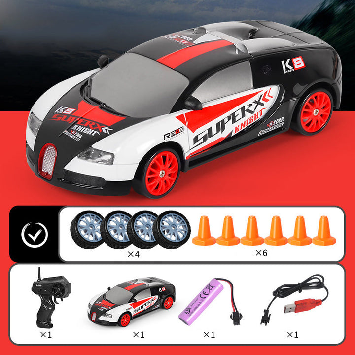 "Ladattava RC-drift-auto, neliveto, LED-valot, tyylikäs muotoilu, tehokas moottori, kääntymistä parantavat kilparenkaat."