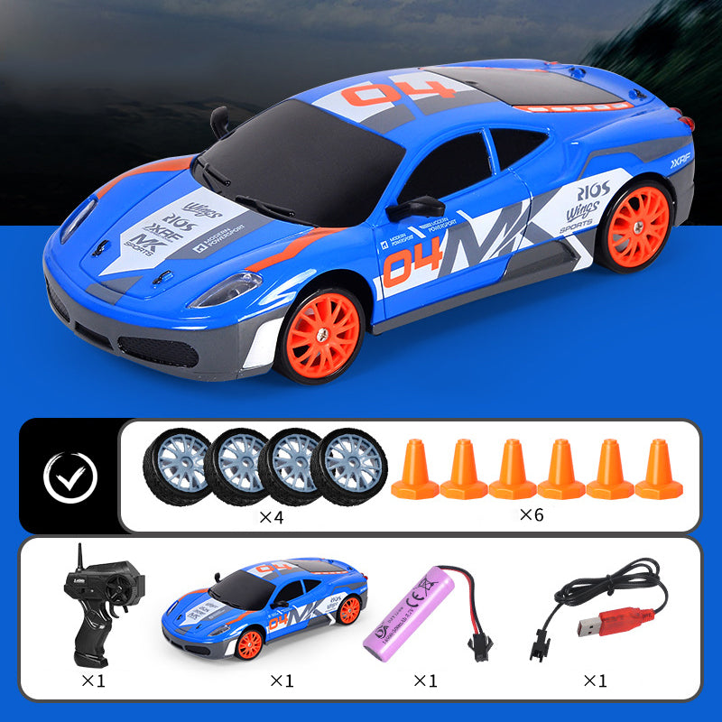 "Ladattava RC-drift-auto, neliveto, LED-valot, tyylikäs muotoilu, tehokas moottori, kääntymistä parantavat kilparenkaat."