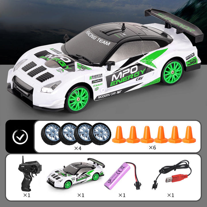 "Ladattava RC-drift-auto, neliveto, LED-valot, tyylikäs muotoilu, tehokas moottori, kääntymistä parantavat kilparenkaat."