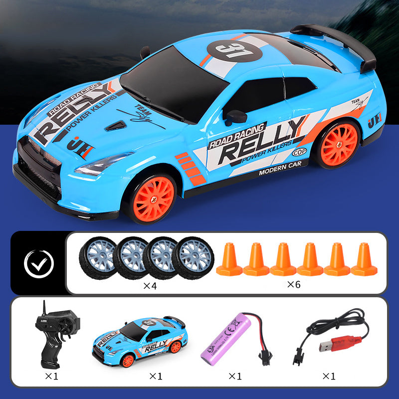 "Ladattava RC-drift-auto, neliveto, LED-valot, tyylikäs muotoilu, tehokas moottori, kääntymistä parantavat kilparenkaat."