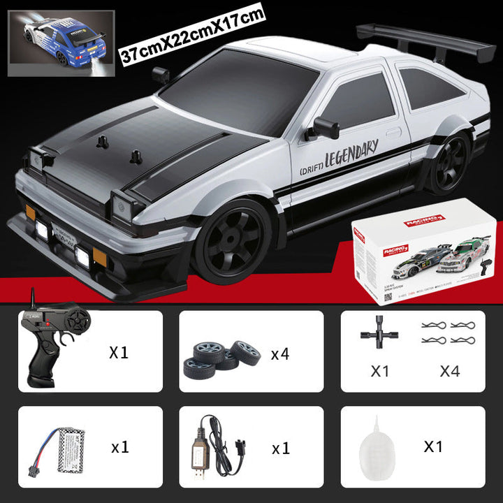 "Ladattava RC-drift-auto, neliveto, LED-valot, tyylikäs muotoilu, tehokas moottori, kääntymistä parantavat kilparenkaat."