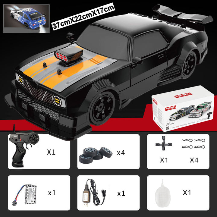 "Ladattava RC-drift-auto, neliveto, LED-valot, tyylikäs muotoilu, tehokas moottori, kääntymistä parantavat kilparenkaat."