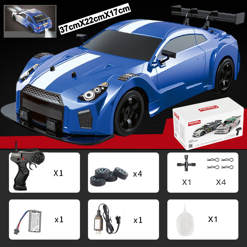 "Ladattava RC-drift-auto, neliveto, LED-valot, tyylikäs muotoilu, tehokas moottori, kääntymistä parantavat kilparenkaat."
