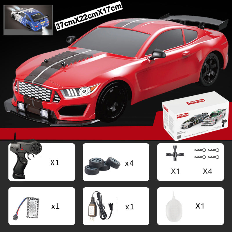 "Ladattava RC-drift-auto, neliveto, LED-valot, tyylikäs muotoilu, tehokas moottori, kääntymistä parantavat kilparenkaat."