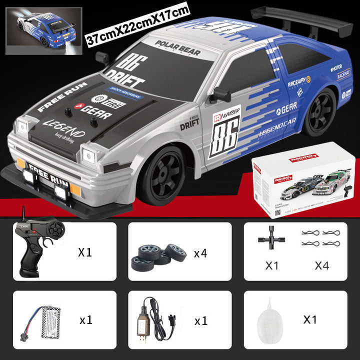 "Ladattava RC-drift-auto, neliveto, LED-valot, tyylikäs muotoilu, tehokas moottori, kääntymistä parantavat kilparenkaat."