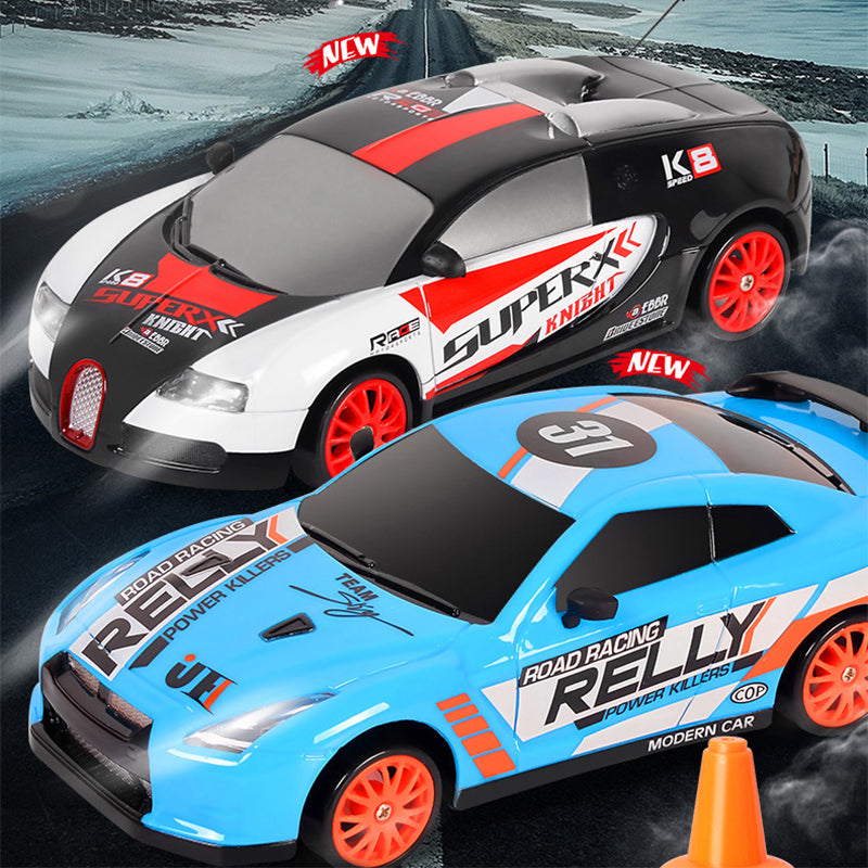 "Ladattava RC-drift-auto, neliveto, LED-valot, tyylikäs muotoilu, tehokas moottori, kääntymistä parantavat kilparenkaat."