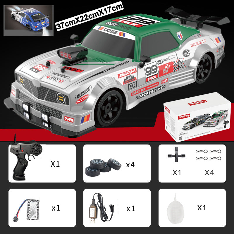 "Ladattava RC-drift-auto, neliveto, LED-valot, tyylikäs muotoilu, tehokas moottori, kääntymistä parantavat kilparenkaat."