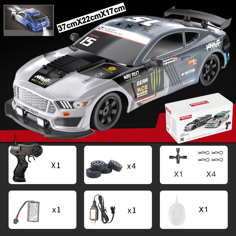 "Ladattava RC-drift-auto, neliveto, LED-valot, tyylikäs muotoilu, tehokas moottori, kääntymistä parantavat kilparenkaat."