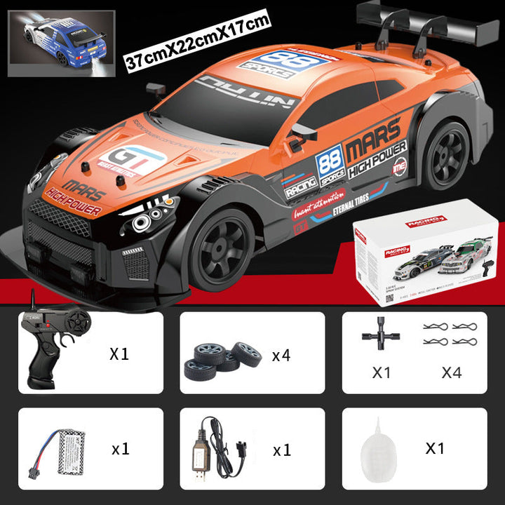 "Ladattava RC-drift-auto, neliveto, LED-valot, tyylikäs muotoilu, tehokas moottori, kääntymistä parantavat kilparenkaat."
