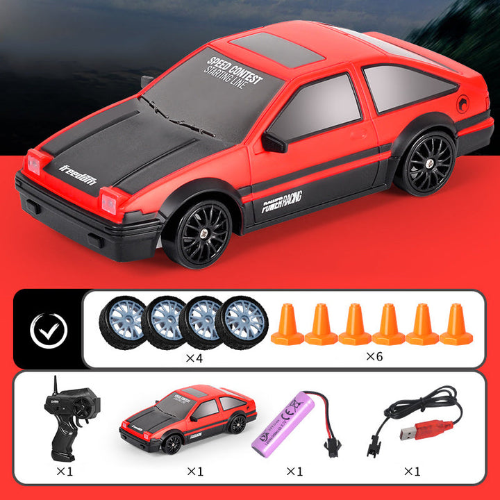 "Ladattava RC-drift-auto, neliveto, LED-valot, tyylikäs muotoilu, tehokas moottori, kääntymistä parantavat kilparenkaat."