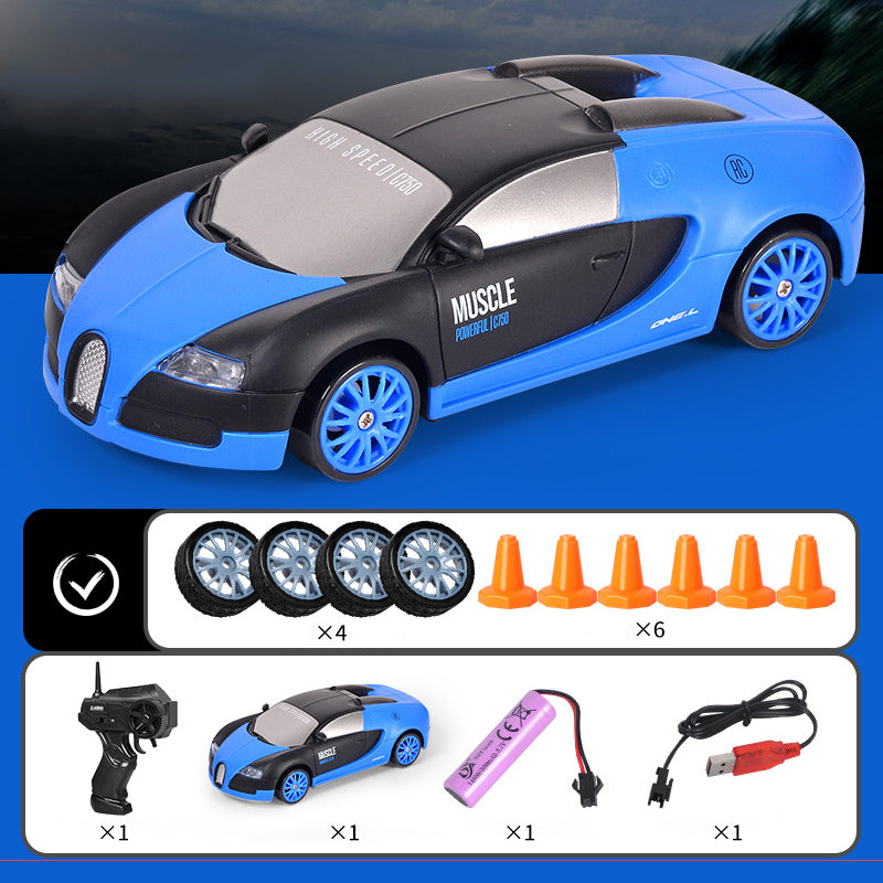 "Ladattava RC-drift-auto, neliveto, LED-valot, tyylikäs muotoilu, tehokas moottori, kääntymistä parantavat kilparenkaat."